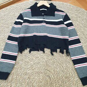 Striped Polo Collar Distressed Crop Knit Sweater Trendy Top